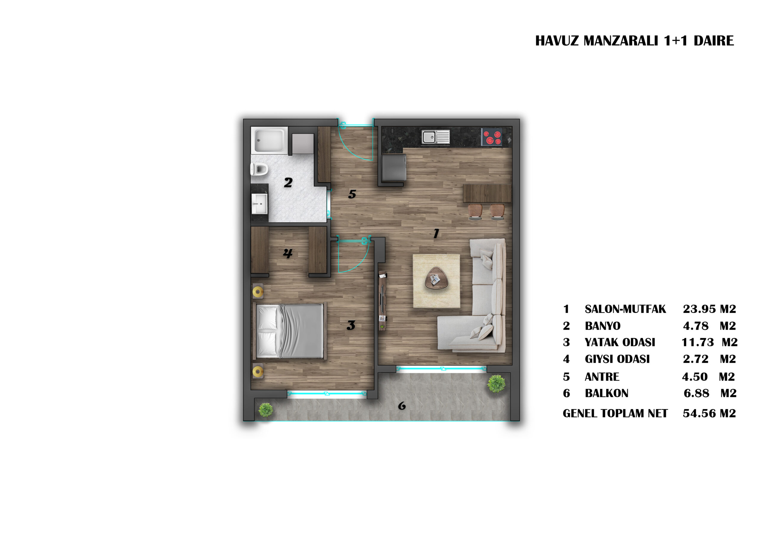 1+1 HAVUZ MANZARALI DAİRE